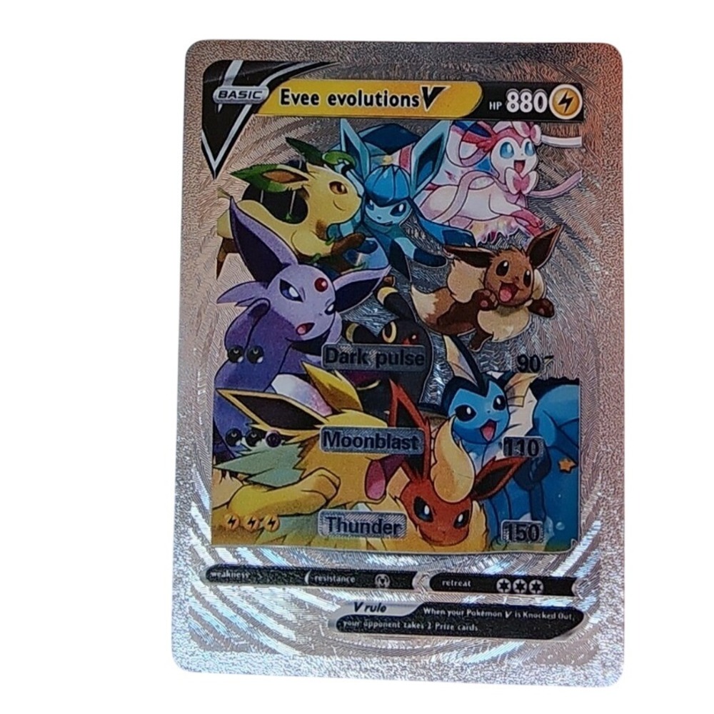 Pokemon Evee Evolutions V Silver Metal Card Custom Fan Art Shiny TCG Collectible